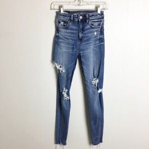 America Eagle Distressed Jeans Jeggings Size 00 Pants Dark Blue Super High Raise